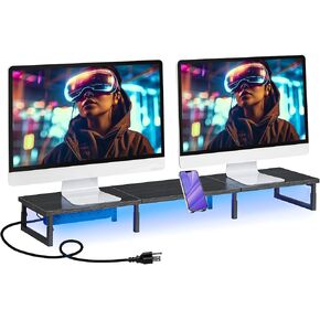 43.3“ Monitor Stand Riser with Charging & LED Lights, Monitor Stand for Desk with Phone Holder,Desktop Stands Organizer for Laptop Computer/TV/PC/Printers,Patent Pending,Rustic Brown and Black