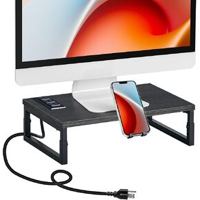 43.3“ Monitor Stand Riser with Charging & LED Lights, Monitor Stand for Desk with Phone Holder,Desktop Stands Organizer for Laptop Computer/TV/PC/Printers,Patent Pending,Rustic Brown and Black