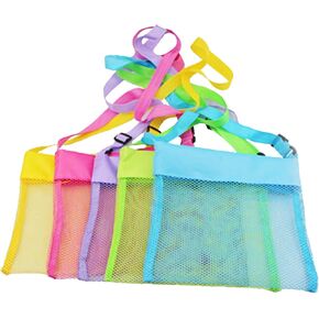 5-PCS Colorful Mesh Beach Bag Shell Collecting Bag Toy Holding Shells with Adjustable Carrying Straps Beach Bags for Kids (5-Pack)