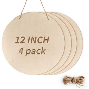 4Pcs 12 Inch Unfinished Wood Circles for Crafts, Wood Rounds Plaques for Cricut Crafts, Round Wooden Discs for DIY Crafts, Door Hanger Sign, Painting, Wood Burning, Christmas Home Decor