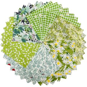 Spring Precut Fabric Squares 5x5, Green Daisy Charm Packs for Quilting 5 inch, 100% Cotton Fabric Squares for Patchworks and Sewing Crafts (42Pcs)