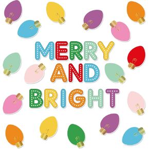 Whaline 50Pcs Christmas Boho Paper Cutouts Merry and Bright Light Bulb Bulletin Board Decoration Set with 100Pcs Glue Points for Xmas Party Classroom