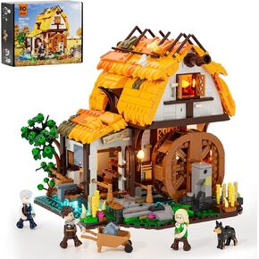 FUNWHOLE Medieval Water-Mill Lighting Building-Bricks Set - Middle Age Milling House Collection LED Light Building Construction Model Sets 1278 Pcs for Adults and Teen