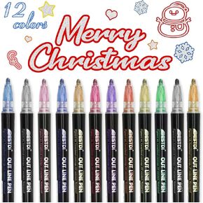 Super Squiggles Outline Markers Set, 12 Colors Shimmer Marker Set, Double Line Markers Outline Pens Metallic Markers Pens for Christmas Card Writing, Birthday Greeting, Painting, DIY Art Crafts