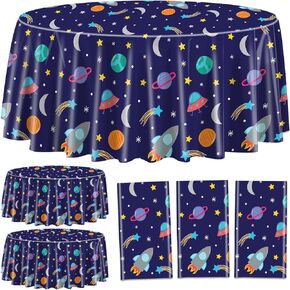 3 Pcs Outer Space Tablecloths, Round Space Table Covers, Plastic Disposable Planet Tablecover for Kids Space Theme Birthday Party Supplies, Baby Shower, 84 x 84 Inch (3)