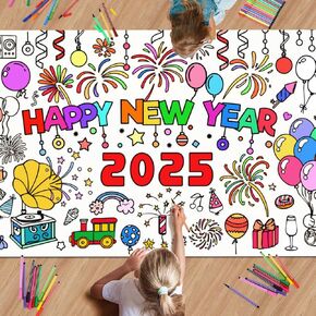 Giant 2025 Happy New Year Coloring Poster for Kids, 72x30 inch New Year's Eve Coloring Tablecloth with Paint Pens New Years Paper Tablecloth for New Year's Eve Games Gifts Activities Classroom Decor