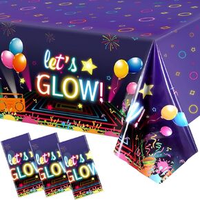3 Pieces Glow Party Table Covers Neon Plastic Table Covers 108 x 54 Inch Glow Birthday Party Tablecloth Disposable Neon Glow Tablecloth for Let Glow Birthday Black Light Party Decorations Supplies