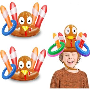2 Pack Thanksgiving Ring Toss Games Toys for Kids Thanksgiving Inflatable Turkey Hats Toss Games Thanksgiving Family School Party Favors Decor Indoor Outdoor Party Game(2 Turkey Hats, 8 Rings)
