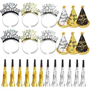 24 Pieces New Years Eve Party Supplies 2024 includes Happy New Year Headband Tiara Fancy New Year Cone Hats and Golden/Silver Glitter Metallic Squawkers for New Year Eve Party Favors