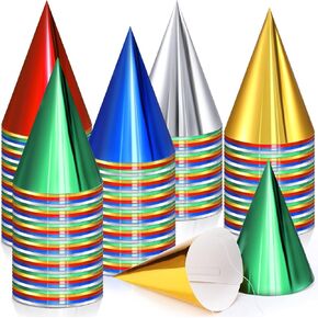 Geosar 300 Pcs Metallic Foil Party Hats - Cone Hats for Birthday, Adults, Kids, Boys; Bulk Paper Hats