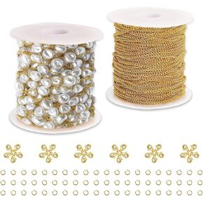 32.8ft Stainless Steel Necklace Chain for Jewelry Making, 2 Styles 16.4ft Artificial 3mm Pearl Chain and 16.4ft 2mm Gold Chains for DIY Permanent Jewelry Making Kit with Lobster Clasps and Jump Rings