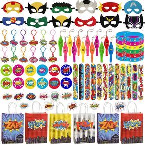 134 Packs Superhero Party Favors Birthday Party Supplies with Superhero Mask,Gift Bags,Punch Balloons,Slap Bracelets,Superhero Stickers,Keychain,Pins Goodie Bag Stuffer Boy Girl Toy Carnival Prize