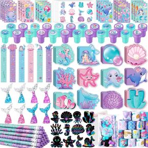 BenLouis 120Pcs Mermaid Party Favors Little Mermaid Pencils Stickers School Stationery Bulk for Kids Mermaid Birthday Decor Baby Shower Candy Goodie Bag Stuffer Classroom Rewards Pinata Supplies