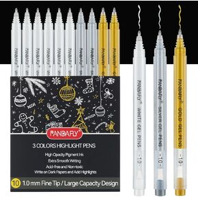 PANDAFLY Gold Silver White Gel Pens, 10 Pack, 1mm Extra Fine Point Gel Ink Pens Opaque White Archival Ink Pens for Black Paper Drawing, Sketching, Card Making, White Pen for Artists Drawing