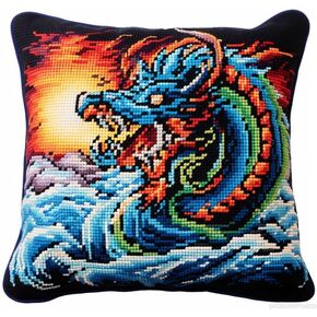Dragon in Water Latch Hook Pillowcase Kits for Adults and Starter DIY Cushion Cross Stitch Latch Hook Rug Kits with Preprinted Canvas Crochet Yarn Kits Needlework Crafts 17'' X 17''