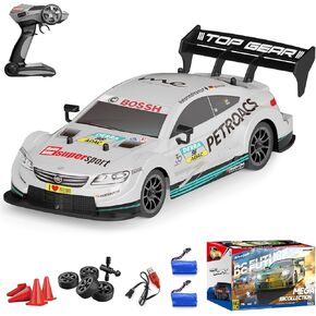 Dollox RC Drift Car 1/16 Scale Remote Control Car 2.4GHz 4WD 30+KM/H High Speed Vehicle with LED Lights, Extra Drifting Tires Racing Vehicle Toys Birthday Gifts for Adults Boys, 2 Batteries, Silver