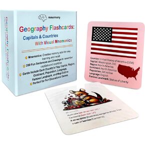 | 200 Geography Flashcards: Capitals & Countries with Visual Mnemonics | Educational Game Cards for Kids and Adults