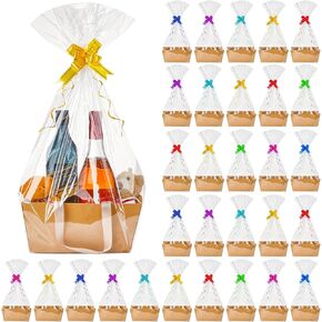 Tuanse 30 Pcs Basket for Gift Empty DIY Bulk Gift Basket Kit with Handle Kraft Cardboard Tray with 30 Bag 30 Bow Market Tray for Birthday Wedding Party(Brown,12.6 x 9.8 x 5.9 in)