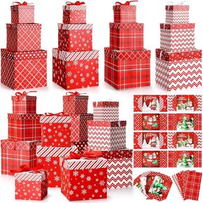 Tenceur 8 Sets Christmas Nesting Gift Boxes with Lids 3 Assorted Sizes Stackable Nested Xmas Boxes with Bows Decorative Stacking Square Present Box for Xmas Holiday Gift, 4 Styles