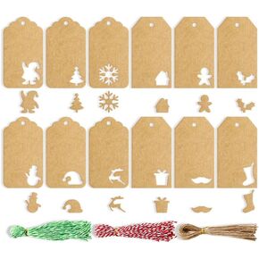 150 Pieces Christmas Paper Gift Tags Brown Kraft Tags with String,12 Different Designs Christmas Tags for Christmas DIY Craft Presents Party Hanging Decorations