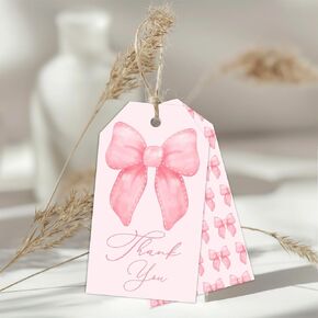 100Pcs Pink Bow Thank You Paper Gift Tags Double-Sided Bow-Knots Hanging Label Tag with Hemp Rope for Wedding Birthday Bridal Baby Shower Party Favor Decor Supplies
