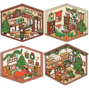 Christmas DIY Sticker Set for Kids - 3D Isometric Room Scenes - Fun Korean Cartoon Stickers for Stress Relief & Creativity - 4 Miniature Rooms (Living Room, Bedroom, Coffee Shop, Bakery)