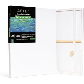 Elan Stretched Canvases 24x32, 4-Pack Canvases for Painting, Painting Canvas Bulk, Stretched Canvas for Adults Blank Canvas for Painting, Painting Canvases Paint Canvases for Painting Art Canvas
