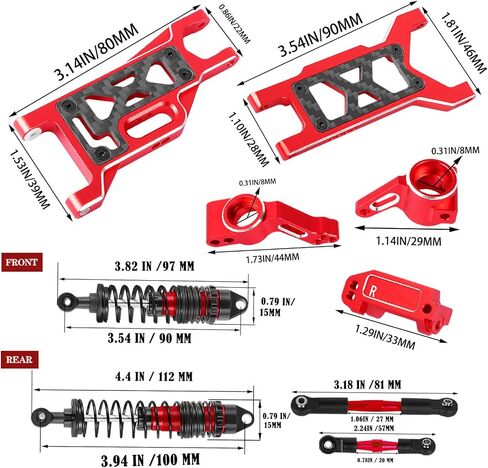 Upgrades Parts for 1/10 Slash 2WD,Slash VXL 2WD RC Shocks&Front Rear Suspension A Arms&Caster Block&Steering Blocks&Rear Stub Axle Carriers&Drive Shaft CVD&Hex Hub&Turnbuckles Camber Link,Red in Saudi Arabia