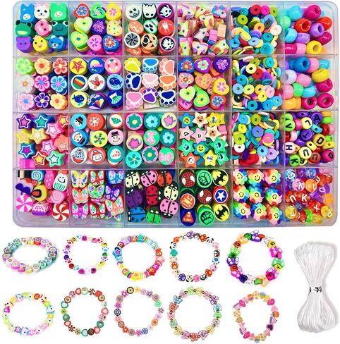 Bracelet Making kit, 1000pcs Polymer Clay Beads Bracelet Making kit, 24 Styles Fruit, Flower, Cake, Butterfly, Necklace, Earrings, DIY Bracelet Making kit Accessories for Women in Saudi Arabia
