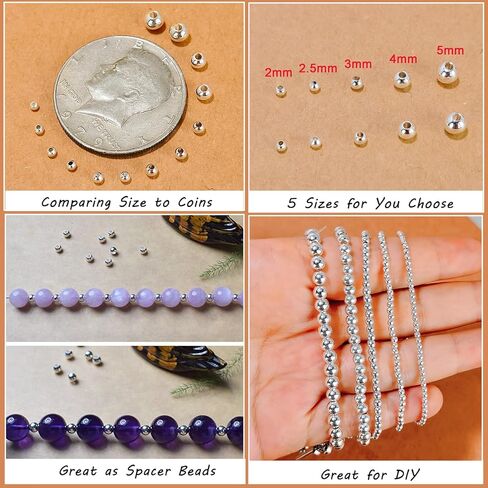 90 Pieces Genuine 925 Sterling Silver Round Ball Beads 3mm Tiny Spacer Beads Jewelry Making Loose Beads Finding for DIY Bracelet Necklace Dangle Earring in Kuwait