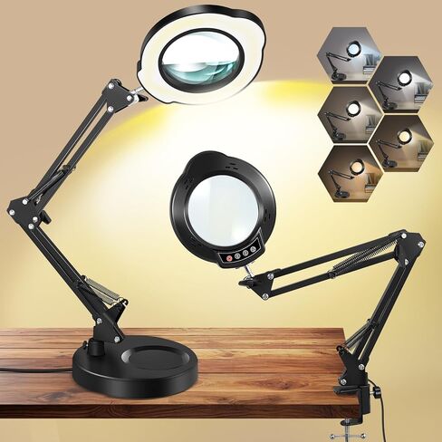 عدسة مكبرة 10 مرات مع ضوء ومشبك، قاعدة مستديرة 2 في 1 ومصباح مكبر بمشبك مع ذراع متأرجح قابل للتعديل، 5 أوضاع ألوان قابلة للتعتيم بدون خطوات، لهواية الحرف اليدوية، قراءة إصلاح اللوحة، الخياطة القريبة in Kuwait