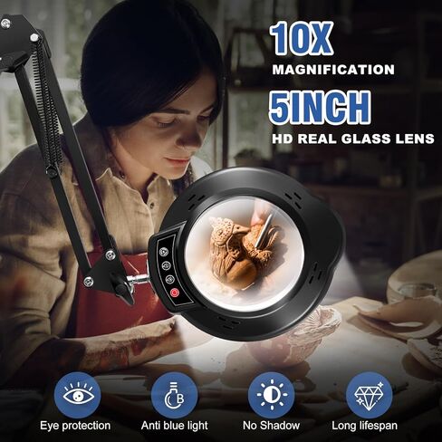 عدسة مكبرة 10 مرات مع ضوء ومشبك، قاعدة مستديرة 2 في 1 ومصباح مكبر بمشبك مع ذراع متأرجح قابل للتعديل، 5 أوضاع ألوان قابلة للتعتيم بدون خطوات، لهواية الحرف اليدوية، قراءة إصلاح اللوحة، الخياطة القريبة in Kuwait