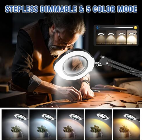 عدسة مكبرة 10 مرات مع ضوء ومشبك، قاعدة مستديرة 2 في 1 ومصباح مكبر بمشبك مع ذراع متأرجح قابل للتعديل، 5 أوضاع ألوان قابلة للتعتيم بدون خطوات، لهواية الحرف اليدوية، قراءة إصلاح اللوحة، الخياطة القريبة in Kuwait