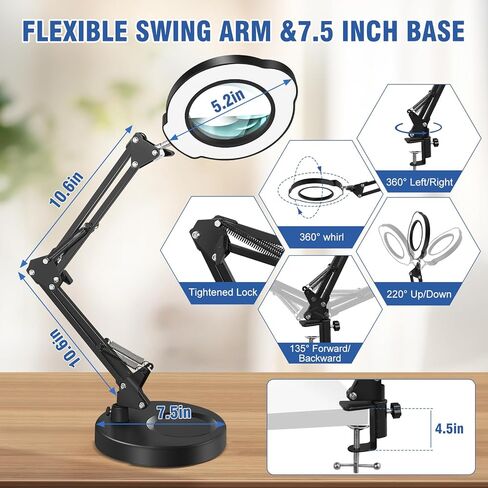 عدسة مكبرة 10 مرات مع ضوء ومشبك، قاعدة مستديرة 2 في 1 ومصباح مكبر بمشبك مع ذراع متأرجح قابل للتعديل، 5 أوضاع ألوان قابلة للتعتيم بدون خطوات، لهواية الحرف اليدوية، قراءة إصلاح اللوحة، الخياطة القريبة in Kuwait