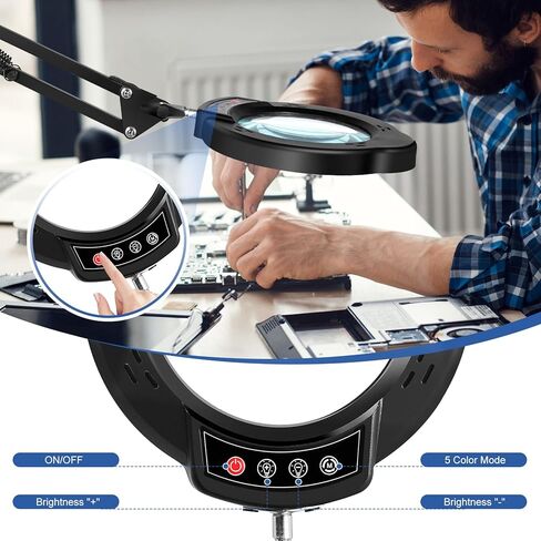 عدسة مكبرة 10 مرات مع ضوء ومشبك، قاعدة مستديرة 2 في 1 ومصباح مكبر بمشبك مع ذراع متأرجح قابل للتعديل، 5 أوضاع ألوان قابلة للتعتيم بدون خطوات، لهواية الحرف اليدوية، قراءة إصلاح اللوحة، الخياطة القريبة in Kuwait