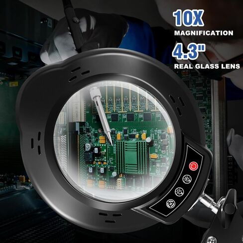 عدسة مكبرة 10 مرات مع ضوء ومشبك، قاعدة مستديرة 2 في 1 ومصباح مكبر بمشبك مع ذراع متأرجح قابل للتعديل، 5 أوضاع ألوان قابلة للتعتيم بدون خطوات، لهواية الحرف اليدوية، قراءة إصلاح اللوحة، الخياطة القريبة in Kuwait