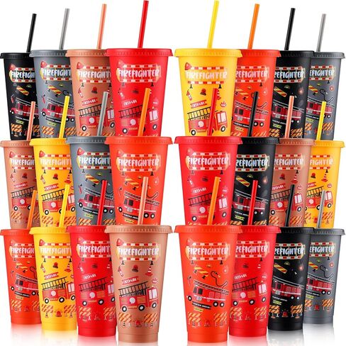 أكواب بلاستيكية لرجال الإطفاء من Mifoci مع أغطية وقش سعة 24 أونصة أكواب شاحنة إطفاء قابلة لإعادة الاستخدام لتزيين لوازم حفلات أعياد الميلاد لرجال الإطفاء (12 عبوة) in Kuwait