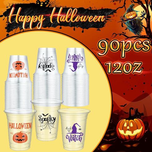Meanplan 90 Pcs 12 oz Halloween Plastic Party Cups Disposable Clear Cups Scary Printed Party Cups Happy Halloween Cups for Liquor Coffee Juice and Hot Cold Drinks Party Supplies (Cute Style) in Saudi Arabia