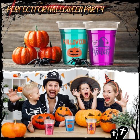 Meanplan 90 Pcs 12 oz Halloween Plastic Party Cups Disposable Clear Cups Scary Printed Party Cups Happy Halloween Cups for Liquor Coffee Juice and Hot Cold Drinks Party Supplies (Cute Style) in Saudi Arabia