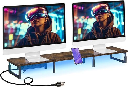 43.3“ Monitor Stand Riser with Charging & LED Lights, Monitor Stand for Desk with Phone Holder,Desktop Stands Organizer for Laptop Computer/TV/PC/Printers,Patent Pending,Rustic Brown and Black in Saudi Arabia