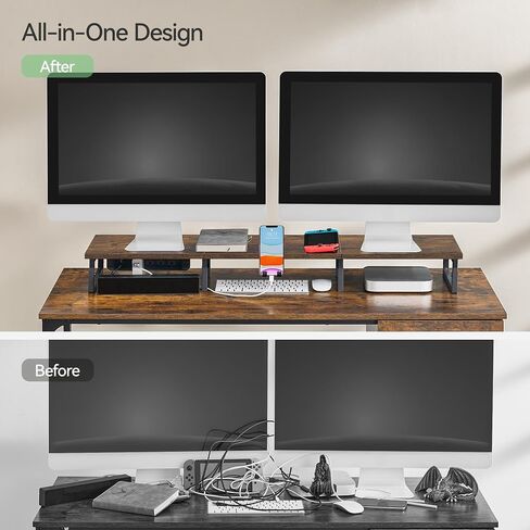 43.3“ Monitor Stand Riser with Charging & LED Lights, Monitor Stand for Desk with Phone Holder,Desktop Stands Organizer for Laptop Computer/TV/PC/Printers,Patent Pending,Rustic Brown and Black in Saudi Arabia