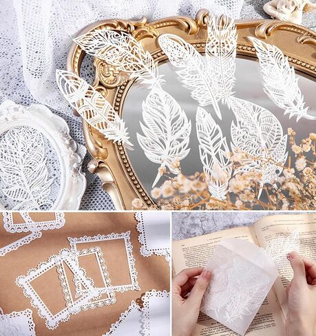 40 قطعة من لوازم سجل القصاصات من الدانتيل، ورق قصاصات ورقي، أوراق الزهور، إطار ريش، أبيض عتيق، لوازم يوميات ورق زخرفي لمخطط جونال غير الهام، مصنوع يدويًا، أغطية هدايا للحرف اليدوية in Saudi Arabia