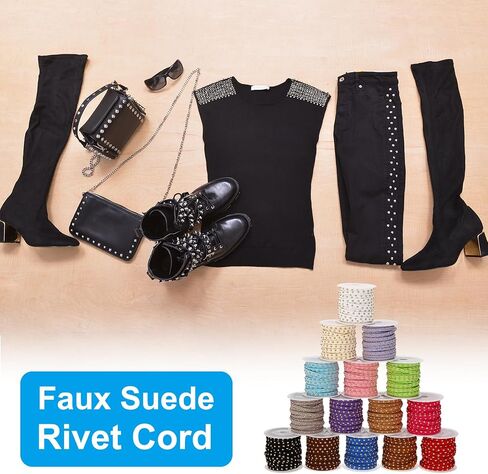 PATIKIL 32.8ft Studded Faux Suede Cord Rope for Jewelry Making, 5mm Micro Fibre Flat Leather Lace Beading String Ribbon with Rivets, Black Silver in Saudi Arabia