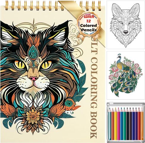 Animal Coloring Book for Adults Spiral Bound Adult Coloring Book for Relaxation with 12 Colored Pencils 50 Tearable Stress Relief Coloring Book for Women Mindfulness Anxiety Relief Gifts 8.5 X 11 in Kuwait