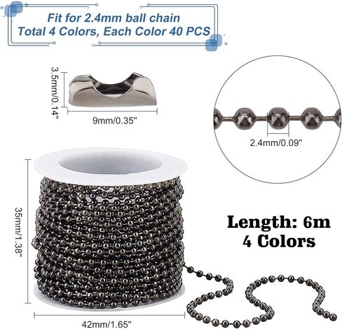 PH PandaHall 78 Feet Ball Bead Chain, 4 Colors 2.4mm Bead Chain Beaded Necklace Chains Adjustable Pull Chains with 120pcs Matching Connector Clasps for DIY Dog Tag Key Chain Necklace Craft Jewelry in Saudi Arabia