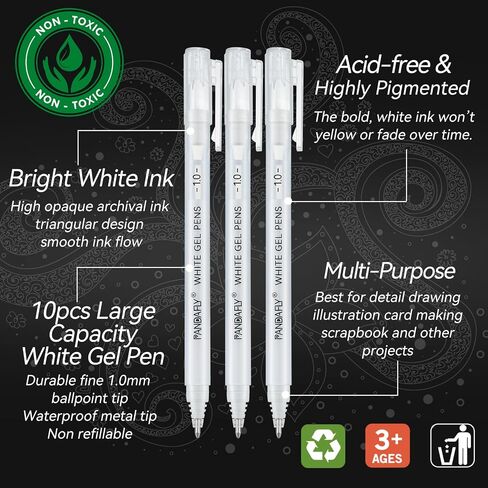 PANDAFLY Gold Silver White Gel Pens, 10 Pack, 1mm Extra Fine Point Gel Ink Pens Opaque White Archival Ink Pens for Black Paper Drawing, Sketching, Card Making, White Pen for Artists Drawing in Saudi Arabia