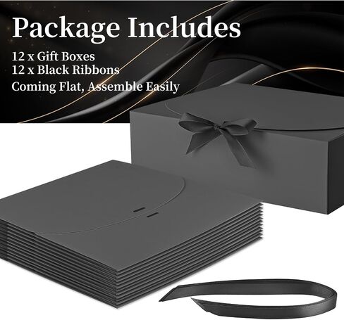 Ocmoiy 12 Pack Gift Boxes with Lids, 10.6x7.8x3.1 Inch Black Paper Gift Box with Ribbon, Bridesmaid Proposal Box for Wedding, Packaging, Baby Shower, Birthday, Christmas, Party, Present Crafting in Saudi Arabia