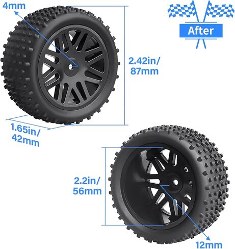 Preglued 12mm Hex Wheel Rims Rubber Tires with Foam Inserts OD 86mm/3.38" for Traxxas Bandit WLtoys 144001 Redcat 1/10 RC Off-Road Buggy Car, Set of 4 (Color C) in Kuwait