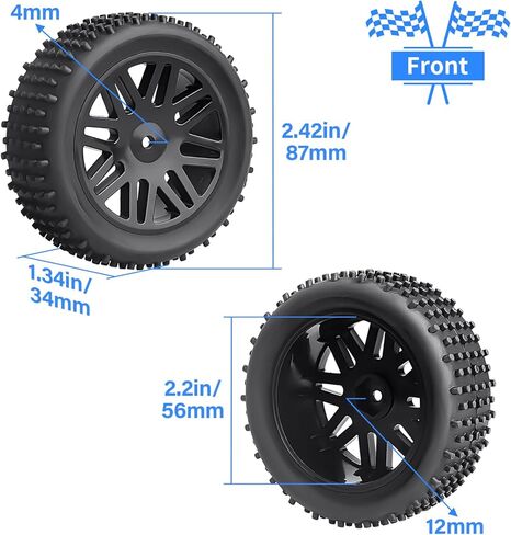 Preglued 12mm Hex Wheel Rims Rubber Tires with Foam Inserts OD 86mm/3.38" for Traxxas Bandit WLtoys 144001 Redcat 1/10 RC Off-Road Buggy Car, Set of 4 (Color C) in Kuwait
