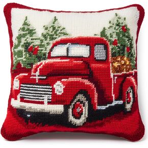 Red Truck in Fruit Latch Hook Pillow Kits Color Printed Embroidery Pillowcase DIY Crochet Yarn Hooking Craft Rug Cushion for Home Christmas Decor and Gift 43x43cm(2)